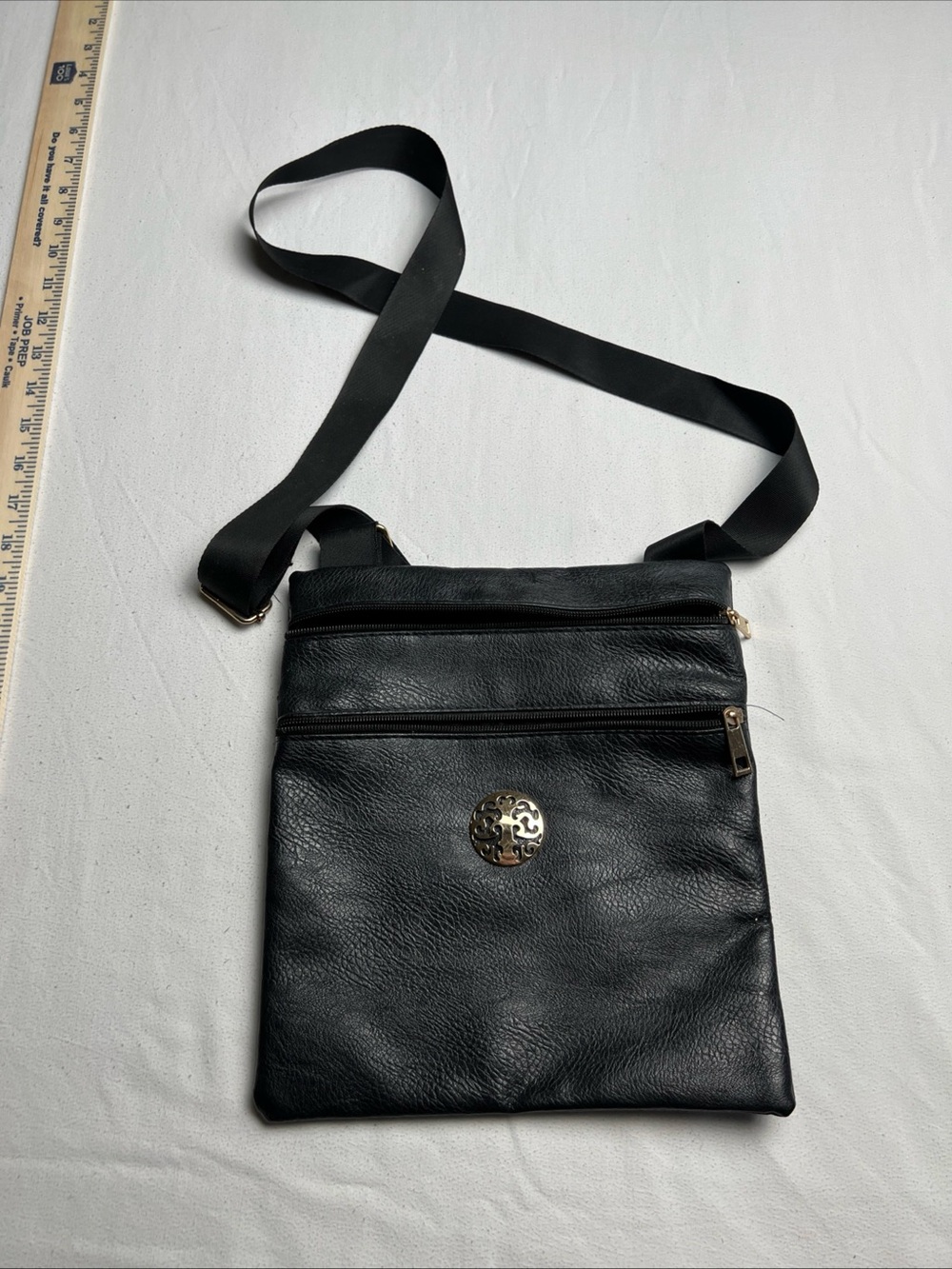 Black Faux Leather Crossbody Bag Gold Medallion Multi Zip